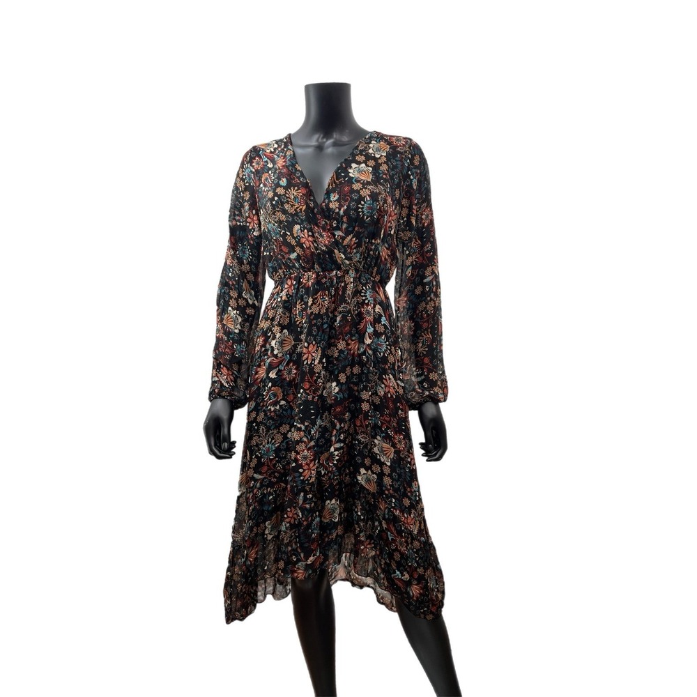 Elena Baldi Floral Midi Dress Black Boho Long Sleeve Viscose Silk L Italy